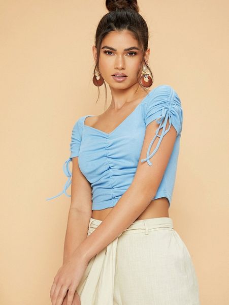 

rib knit ruched front knot detail tee 65id#, White