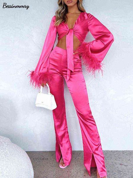 

feather crop and split trousers two piece sets women fashion flare long sleeve tie up blouse high waist pants suits t220729, Gray