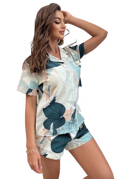 

floral print contrast piping pj set m5ic#, Black;red