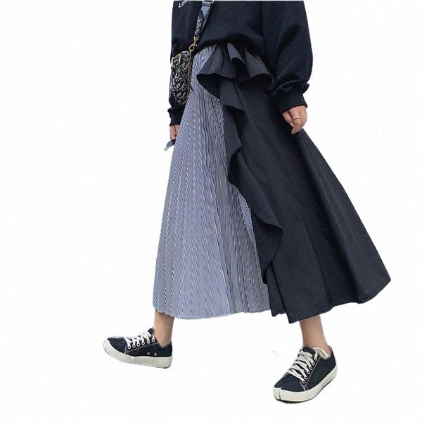 

skirts fashion women high waist pleated long skirt elegant ladies elastic ruffles evening party club dames streetwear t7wi#, Black