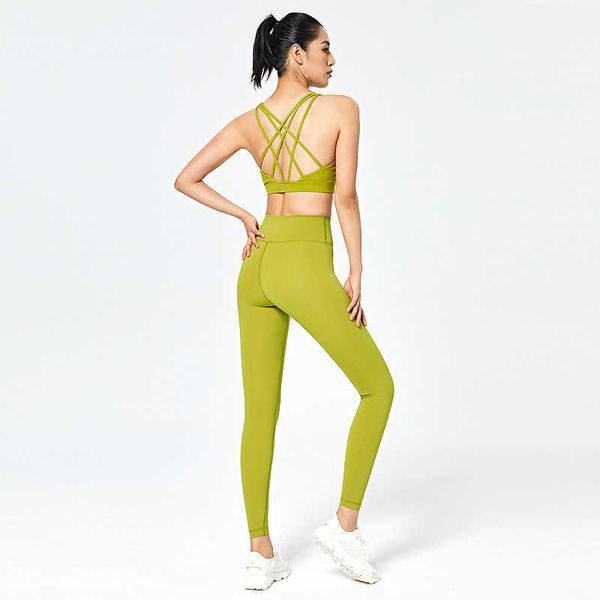 

beauty back nude yoga outfits two piece suit sports bra leggings gym set female high waist running tight elastic fitness exercise clothes, White;red