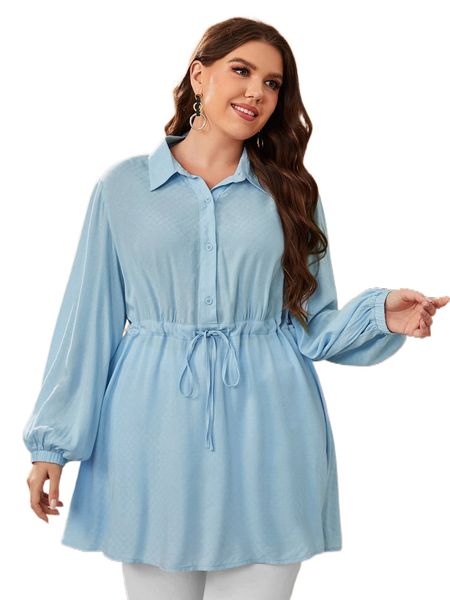 

plus solid drawstring waist blouse r9zj#, Black