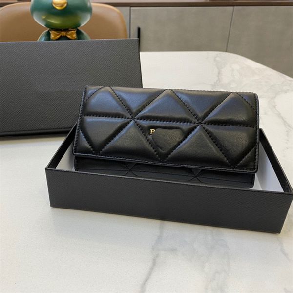 

delicate sheepskin metal letter wallets women long money clip money cards holder coin purse business style wallet with box, Black