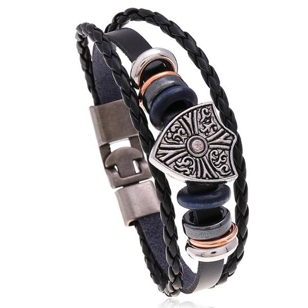 Charm Armbänder Einfache geflochtene Schmuck Lederarmband für Männer Rock Multilayer Weave Bead Shield Oval Flower AccessoriesCharm