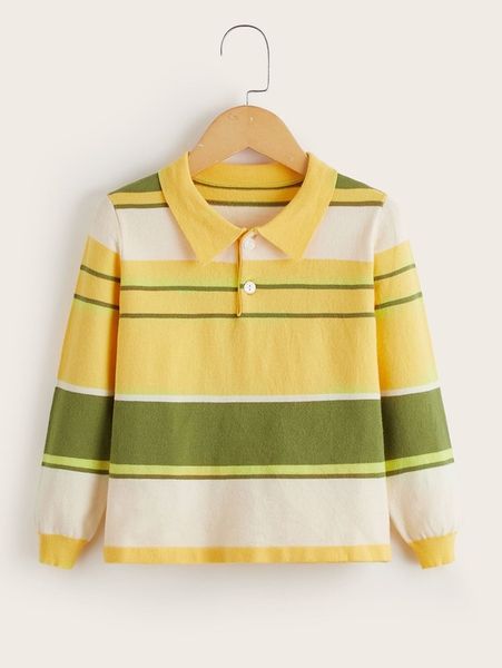 

toddler boys striped pattern color block polo neck sweater she01, Blue