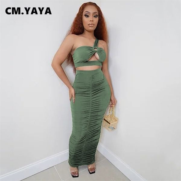 

cm.yaya women set solid sleeveless hollow out crop sheath elastic shirring long skirts two 2 piece sets night outfit 220323, White