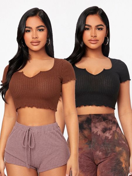 

petite 2 pack notch neck lettuce trim tee h8sx#, White
