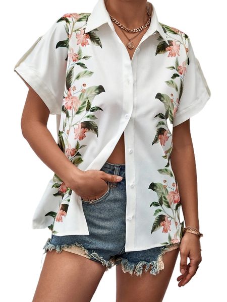 

floral print roll tab sleeve blouse a5sr#, White
