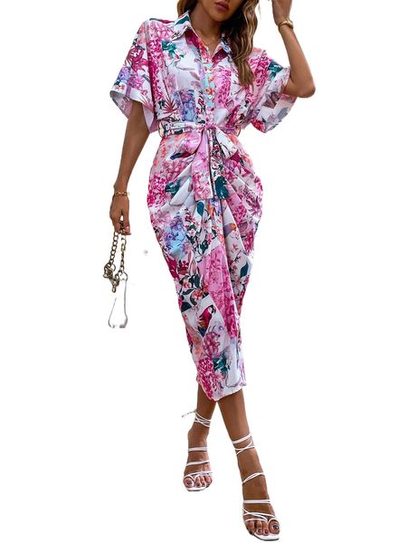 

floral print dolman sleeve belted satin shirt dress 75bm#, Black;gray