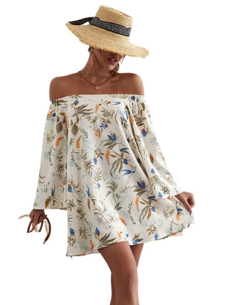 

tropical print trumpet sleeve off shoulder dress w3wa#, Black;gray