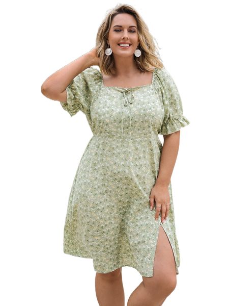 

plus ditsy floral print puff sleeve knot front split hem dress 98o3#, Black