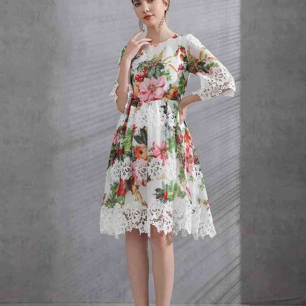 

casual dresses summer fashion women's round neck print water-soluble flower temperament waist slim dress, Black;gray