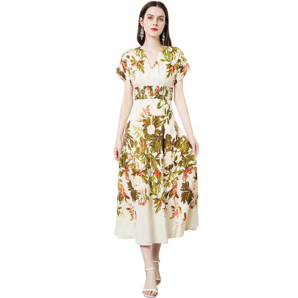 

summer casual floral party dress short sleeve woman designer runway v-neck holiday high waist slim big swing dresses 2022 women clothes retr, Black;gray