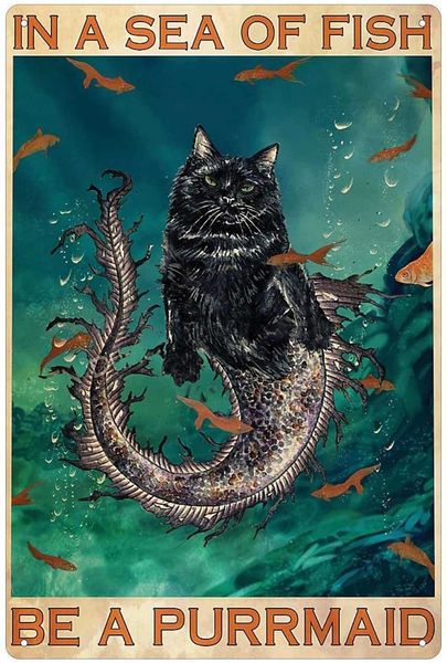 

mermaid cat biscuits retro style, aluminum sign wall art decor metal sign decoration sign