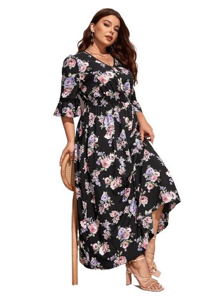 

plus floral print shirred waist dress h3qe#, Black