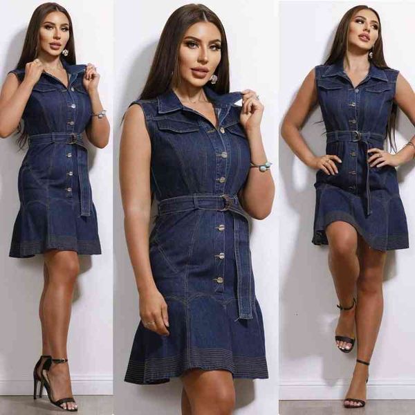 

designer women's prom dresses 2022 spring women's temperament denim dresses loose lace up sleevel short skirt, Black