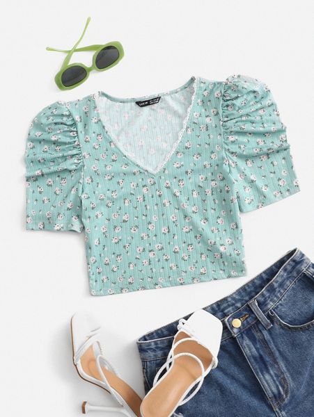 

puff sleeve lace trim ditsy floral tee o99a#, White