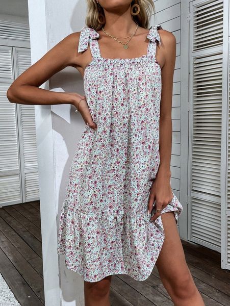 

ditsy floral print tie shoulder ruffle hem cami dress n16o#, Black;gray