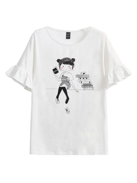 

x rosie book & figure graphic flounce sleeve tee 95ks#, White