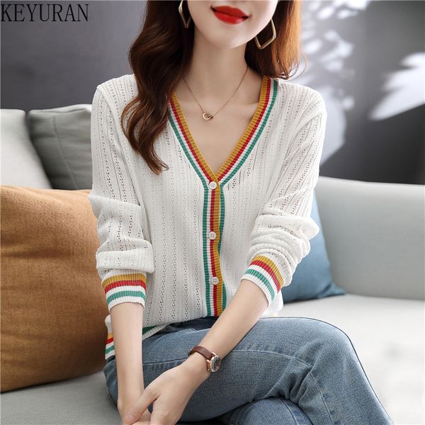 

spring 2022 women cardigan hit color striped thin sweater v-neck long sleeve woman hollow out knit crop coat femme jumpers, White;black
