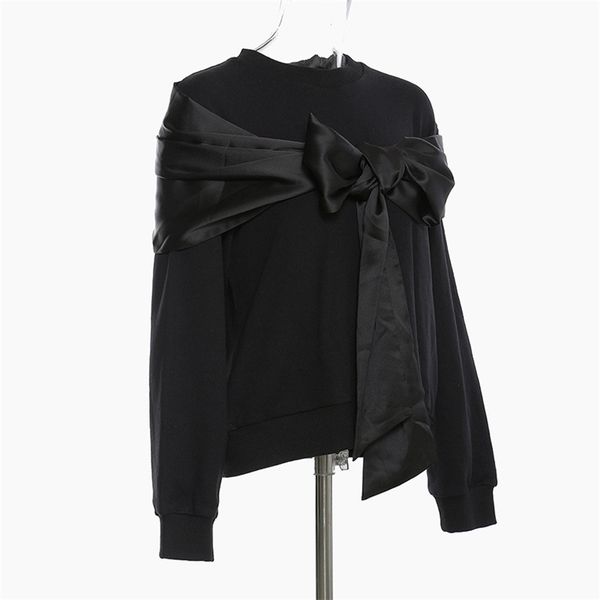 

twotwinstyle patchwork bowknot chic sweatshirt for women o neck long sleeve casual black pullovers female fall fashion 201203
