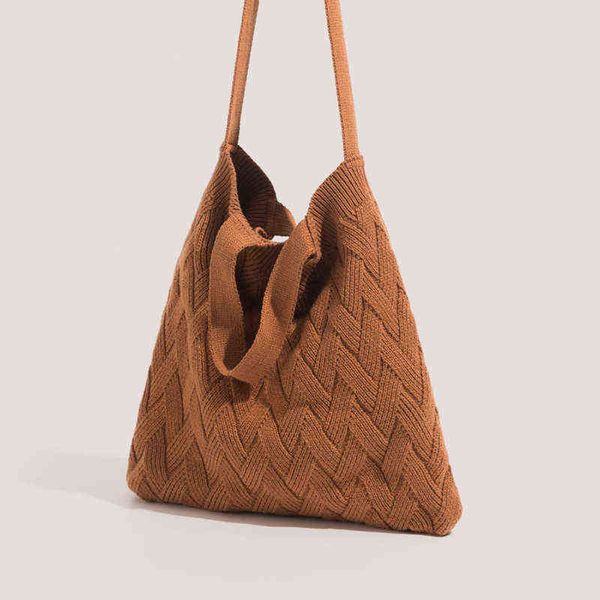 

crochet knitted cotton tote handbags woven design large women shoulder purses soft simple work bags 220607