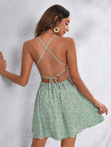 

crisscross tied open back ditsy floral cami dress a1jw#, Black;gray