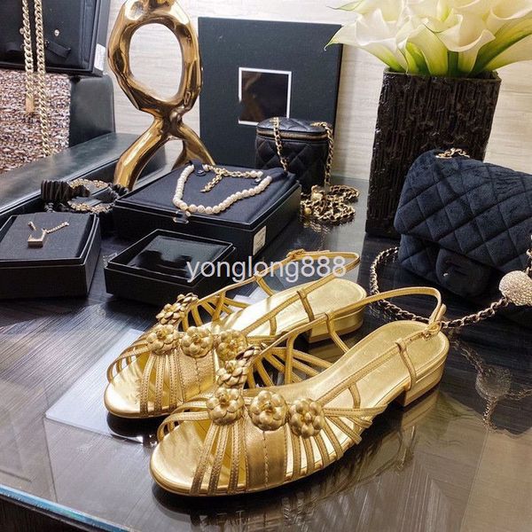 

sandals high end quality summer sandals female camellia flower flat bottom leather one line buckle fairy shoes fish mouth, Black