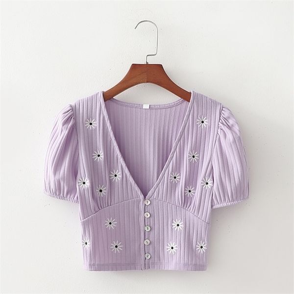 

xd3069 style little daisy embroidery short sleeve t shirt female ins women s summer wear purple v lj200818, White