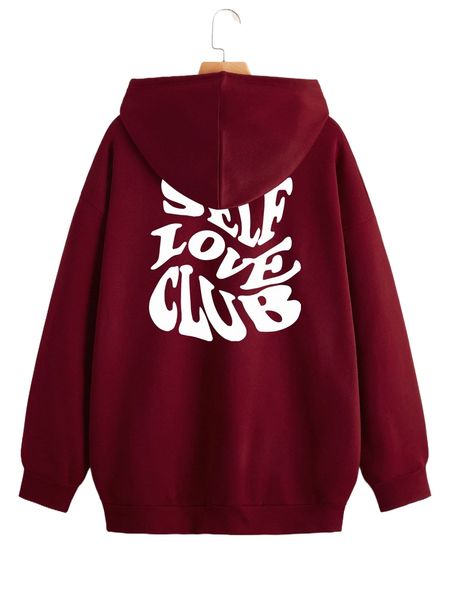 

slogan graphic drawstring kangaroo pocket thermal hoodie c46a#, Black