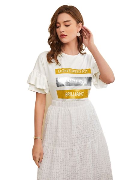 

slogan graphic layered sleeve tee v8ns#, White