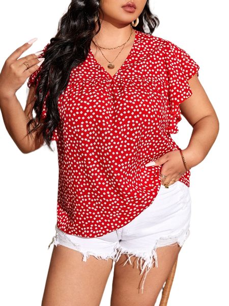 

plus ditsy floral ruffle trim blouse g7p0#, Black