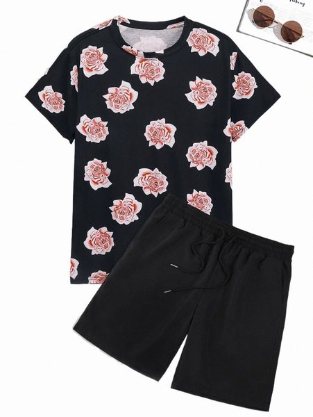 

men floral print tee & shorts 45di#, Gray