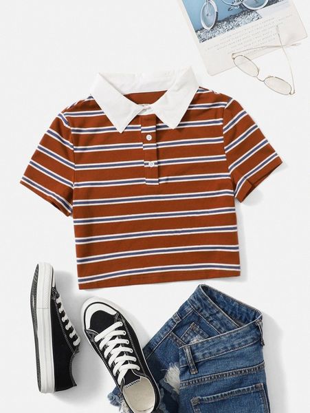 

striped contrast polo neck tee 436q#, White