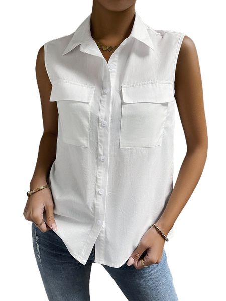 

flap pocket sleeveless blouse h5vo#, White
