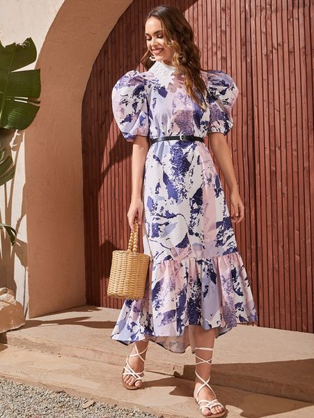 

guipure lace collar puff sleeve allover print dress with belt d1ku#, Black;gray