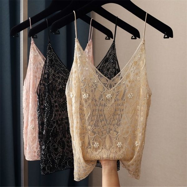 

fashion women bead work camis femme lady club camisole bling shiny women sequined tanks 210316, Black;white