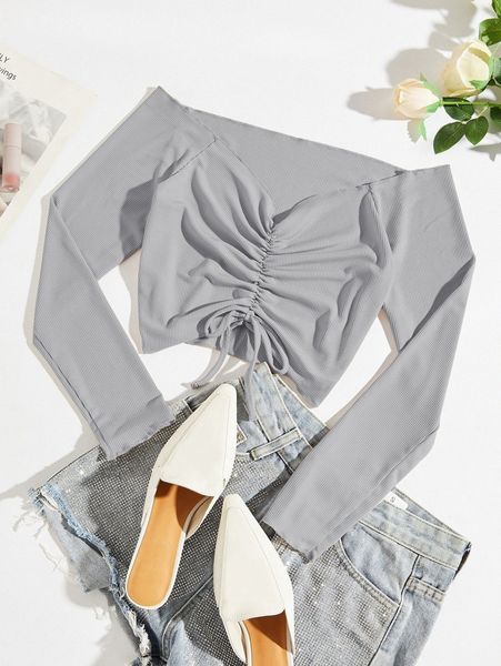 

ribbed knit drawstring front tee i5l1#, White