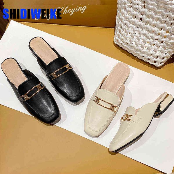 

slippers women mules slipper soft leather square toe slipper slip on outdoor sandal causal flat heel slides ad1292 220427, Black