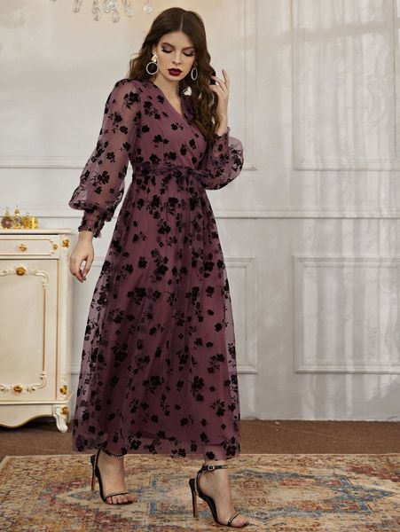 

allover floral print bishop sleeve wrap belted mesh dress i94t#, Black;gray