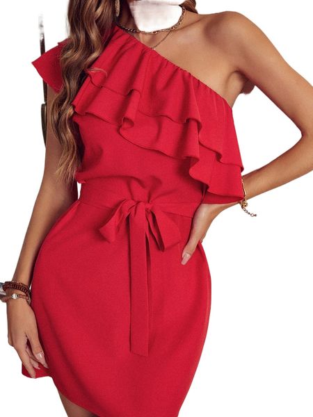 

layered ruffle trim one shoulder belted dress s7ps#, Black;gray