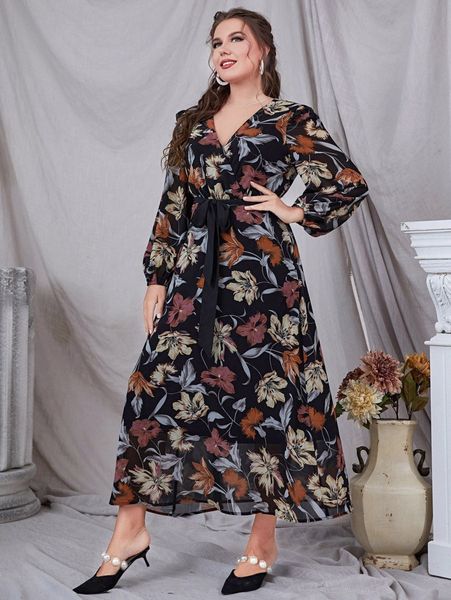 

plus floral print lantern sleeve overlap collar belted dress s0ae#, Black