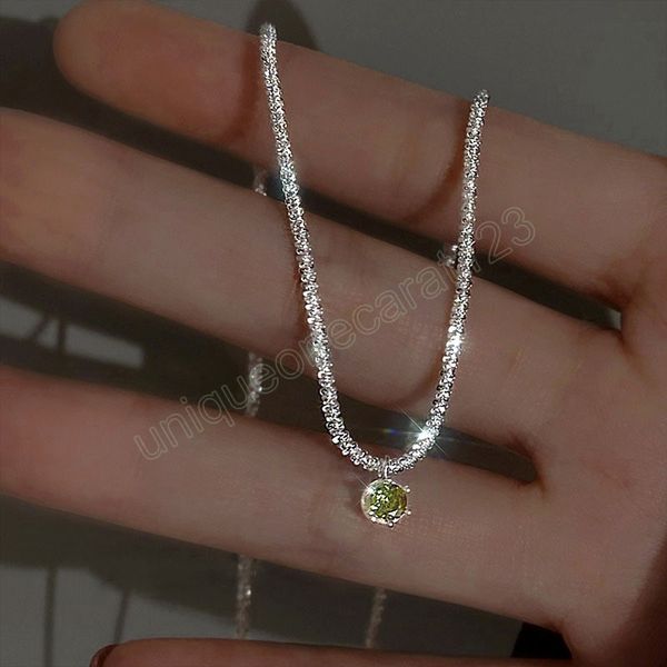 

fashion sparkling silver chain necklace for women anniversary wedding jewelry clavicle green diamond pendant choker gift collar