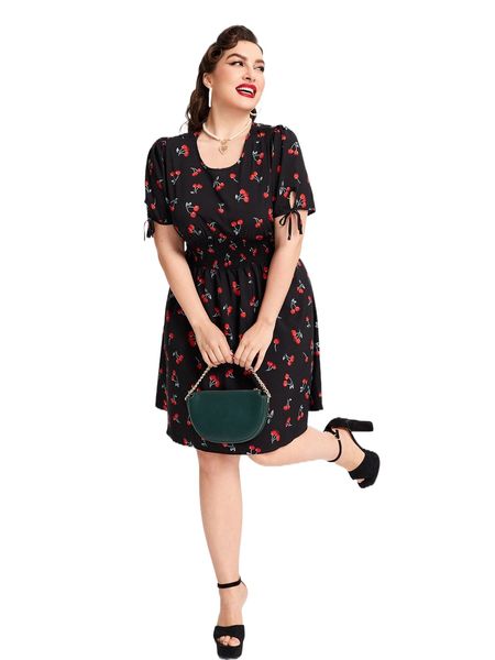 

plus cherry print shirred tie cuff dress v5h4#, Black