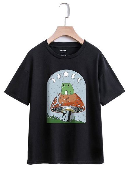

mushroom and frog print drop shoulder tee k4y6#, White