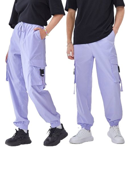 

1pc buckle detail flap pocket side drawstring waist cargo pants x6ao#, Black