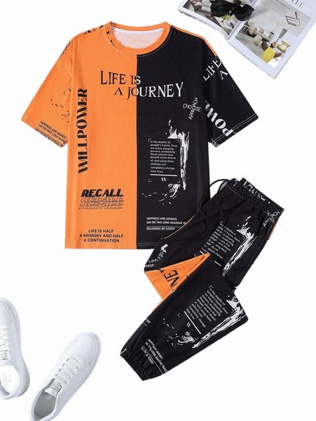 

men random slogan graphic two tone tee & drawstring waist sweatpants e637#, Gray