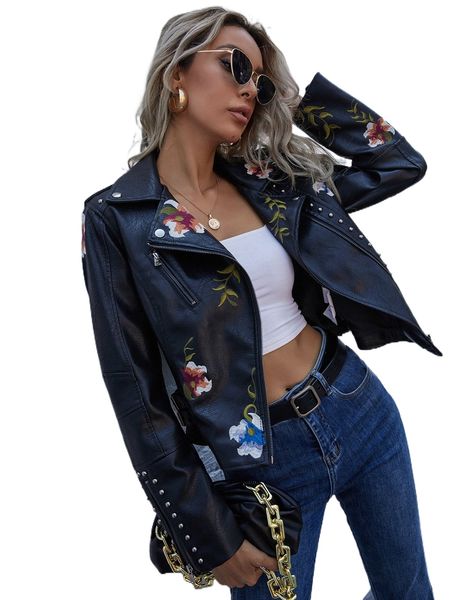 

floral embroidery beaded zip up pu moto jacket e0dx#, Black;brown