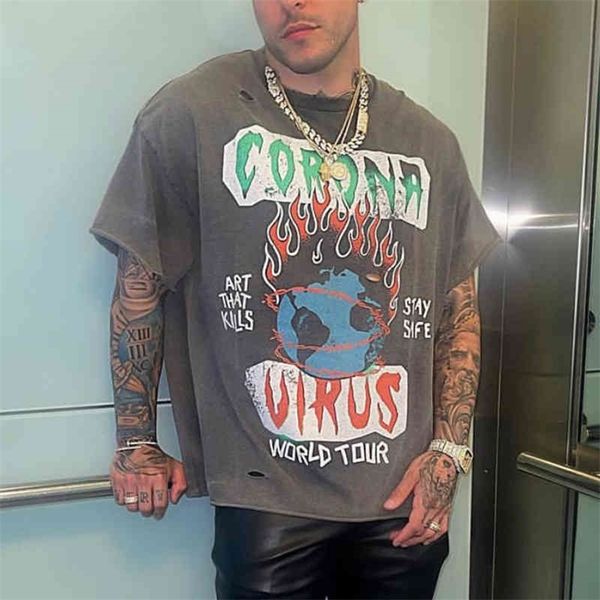 

gallerydepts water designer shirt high street atk wash old hole graffiti flame earth print loose short sleeve t-shirt, White;black