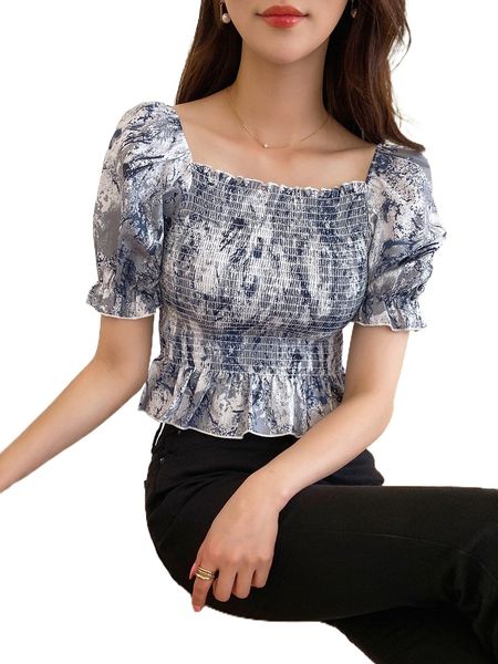 

dazy allover print shirred puff sleeve peplum blouse a6me#, White